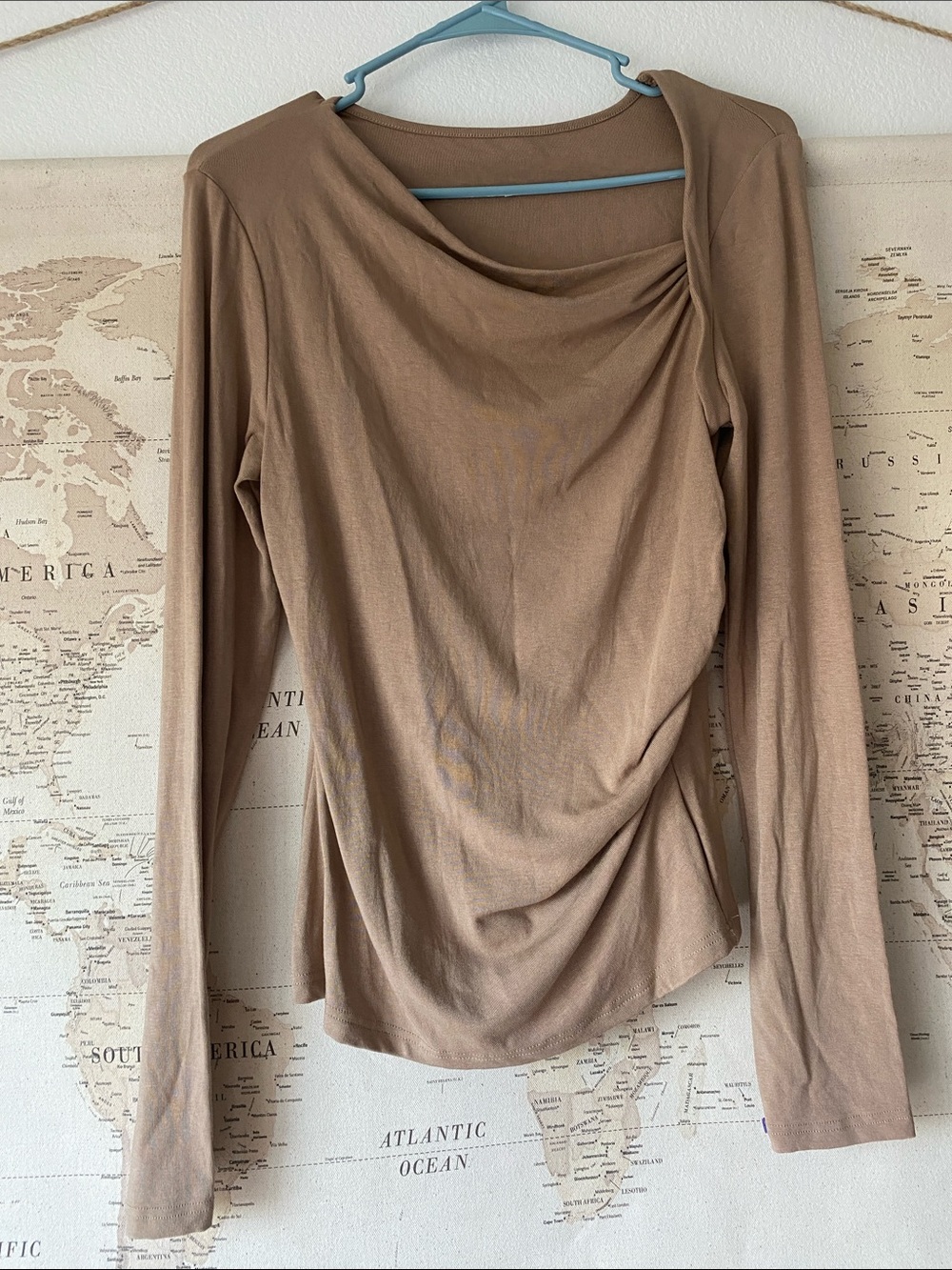 Commense Long-Sleeve Draped Top in Taupe